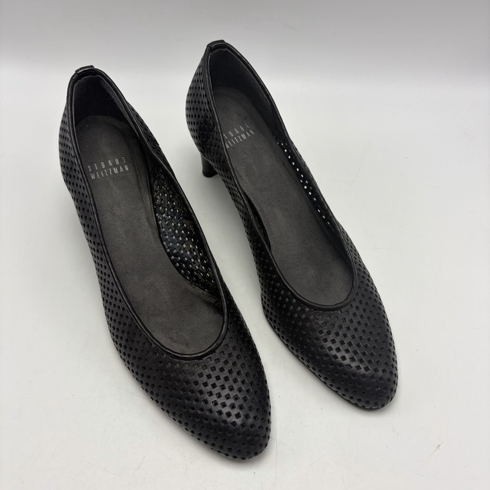 Stuart Weitzman Heels Womens Perforated Black Leather Heels Shoes Read